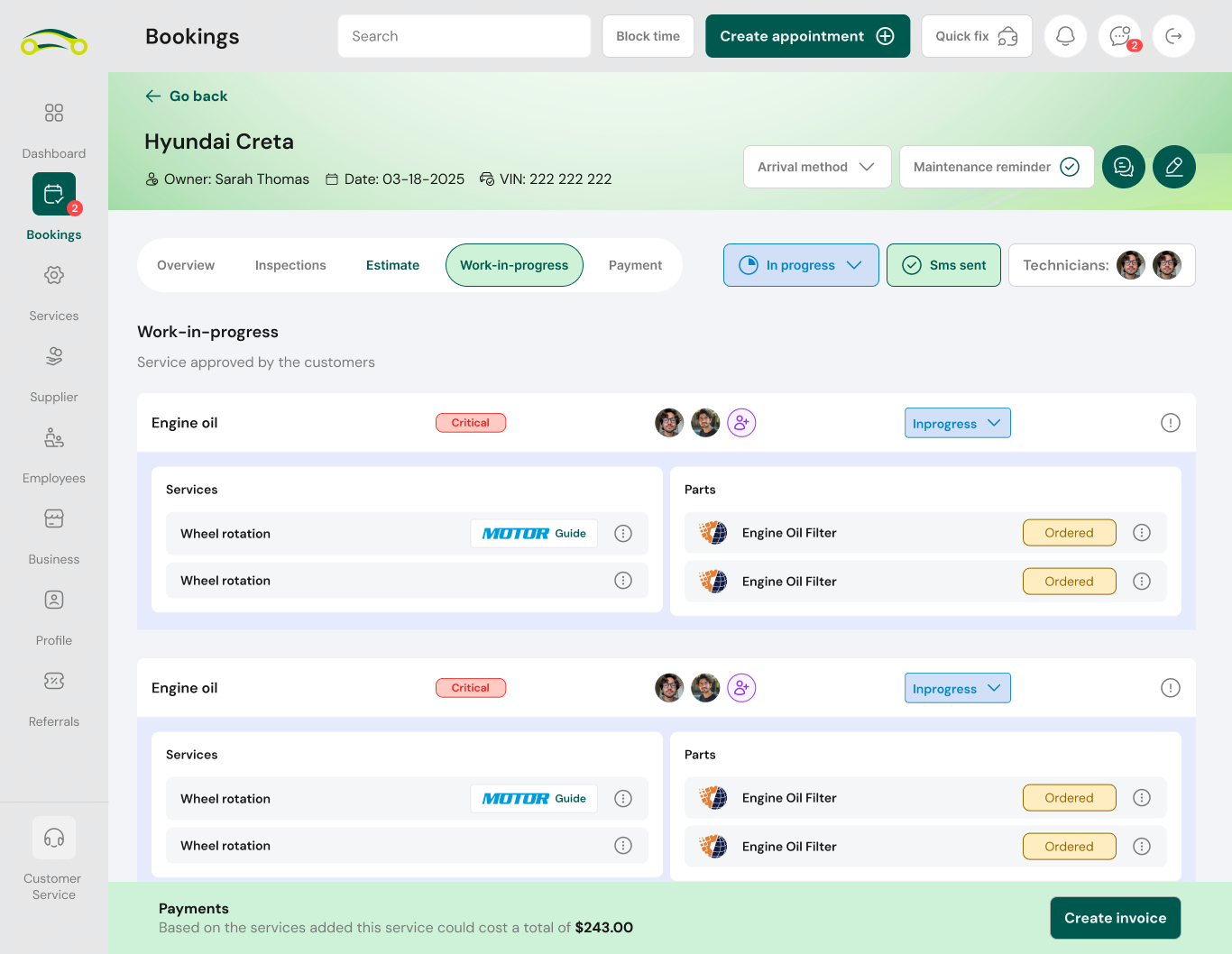 FixMyCarDude provider dashboard showing a booking in progress